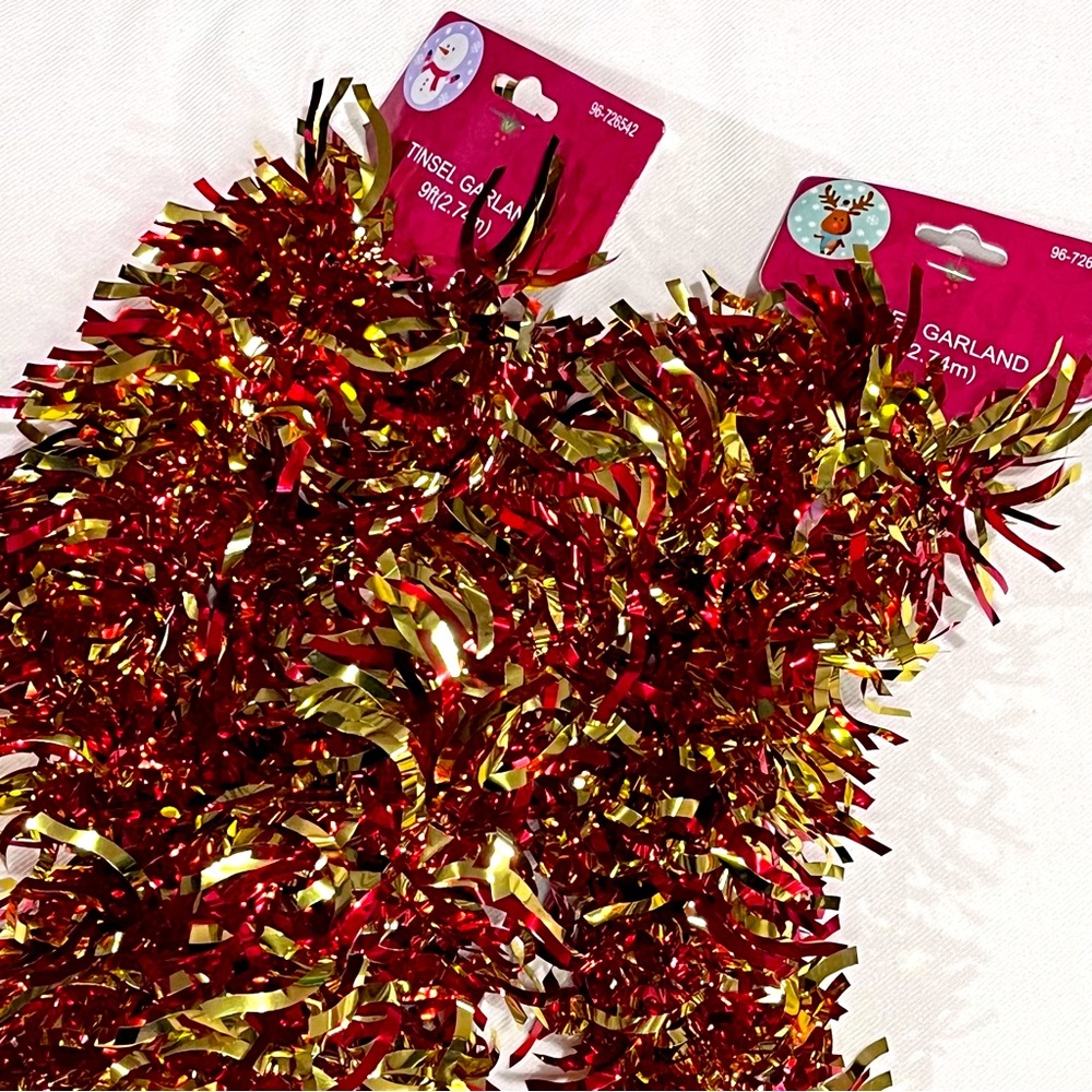 Red and Gold Curvy Holiday Tinsel Garland | Set of 2 (18ft Total)